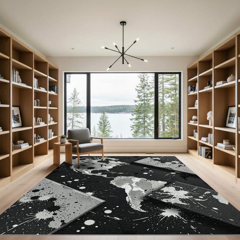 Gray Ink Splatter World Map Rug