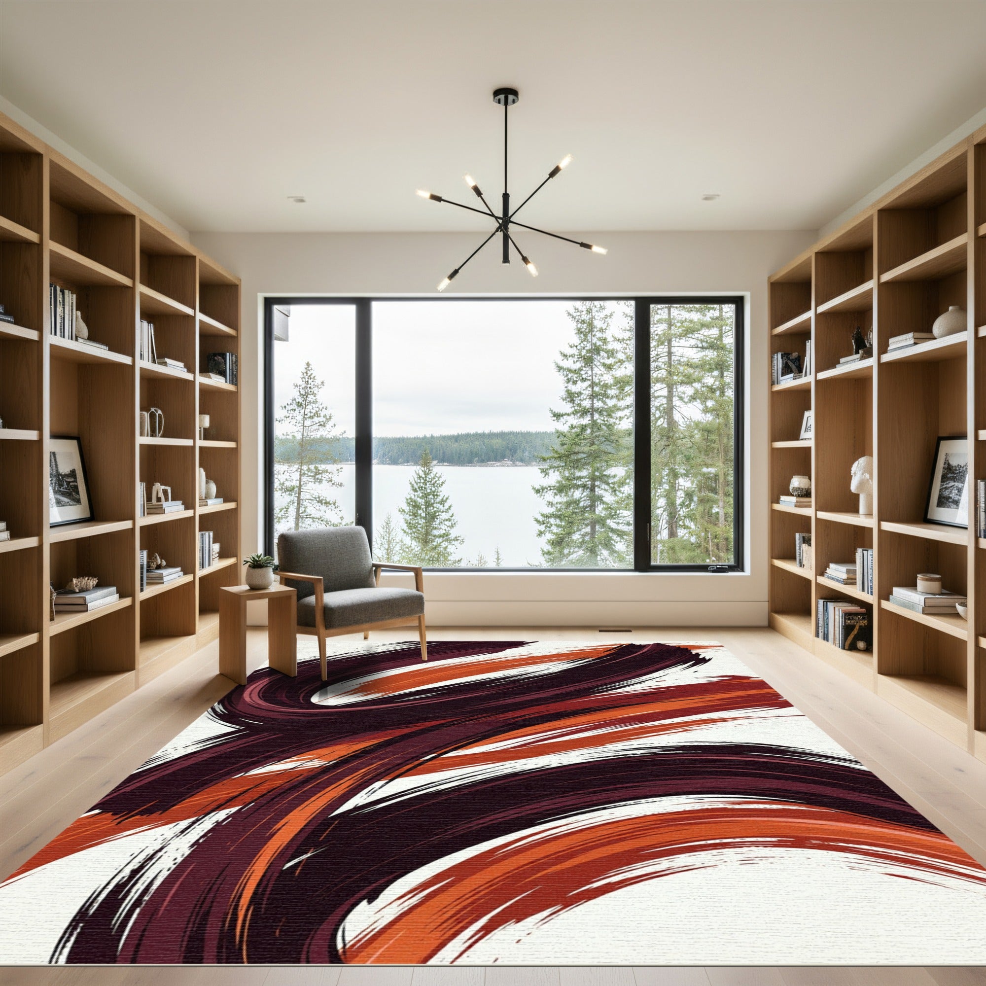 Modern Saffron and Burgundy Abstract Swirl Rug