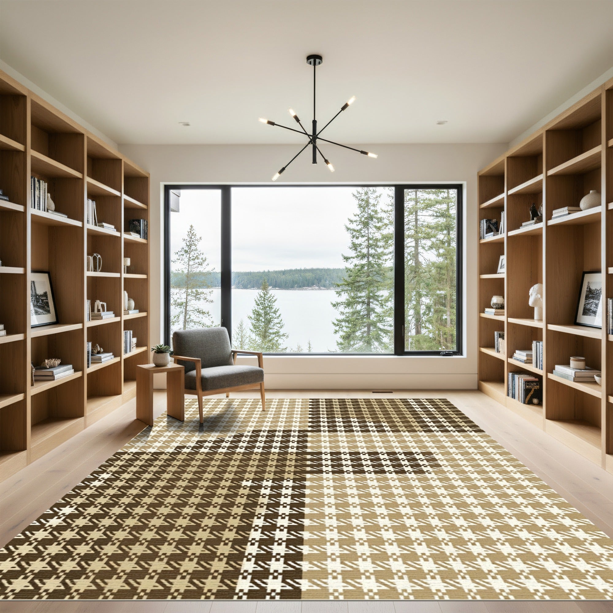 Sophisticated Taupe Houndstooth Plaid Block Rug