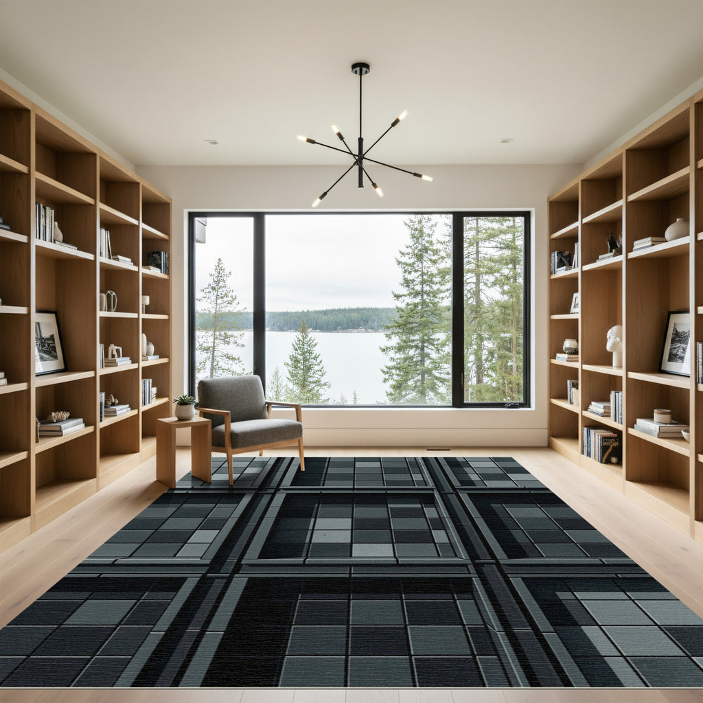 Charcoal Gray Tiled Grid Rug