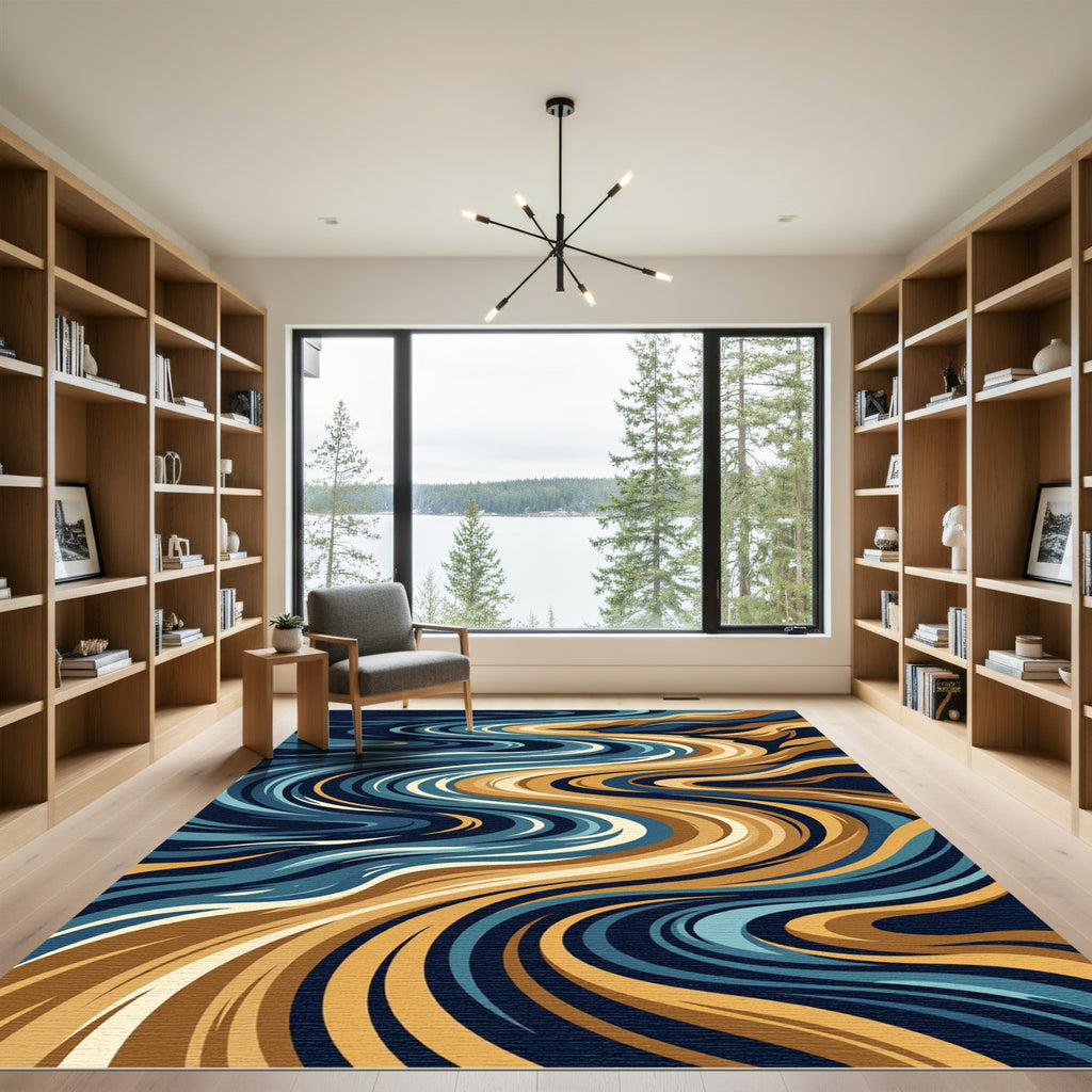 Abstract Blue Gold Swirl Flow Rug