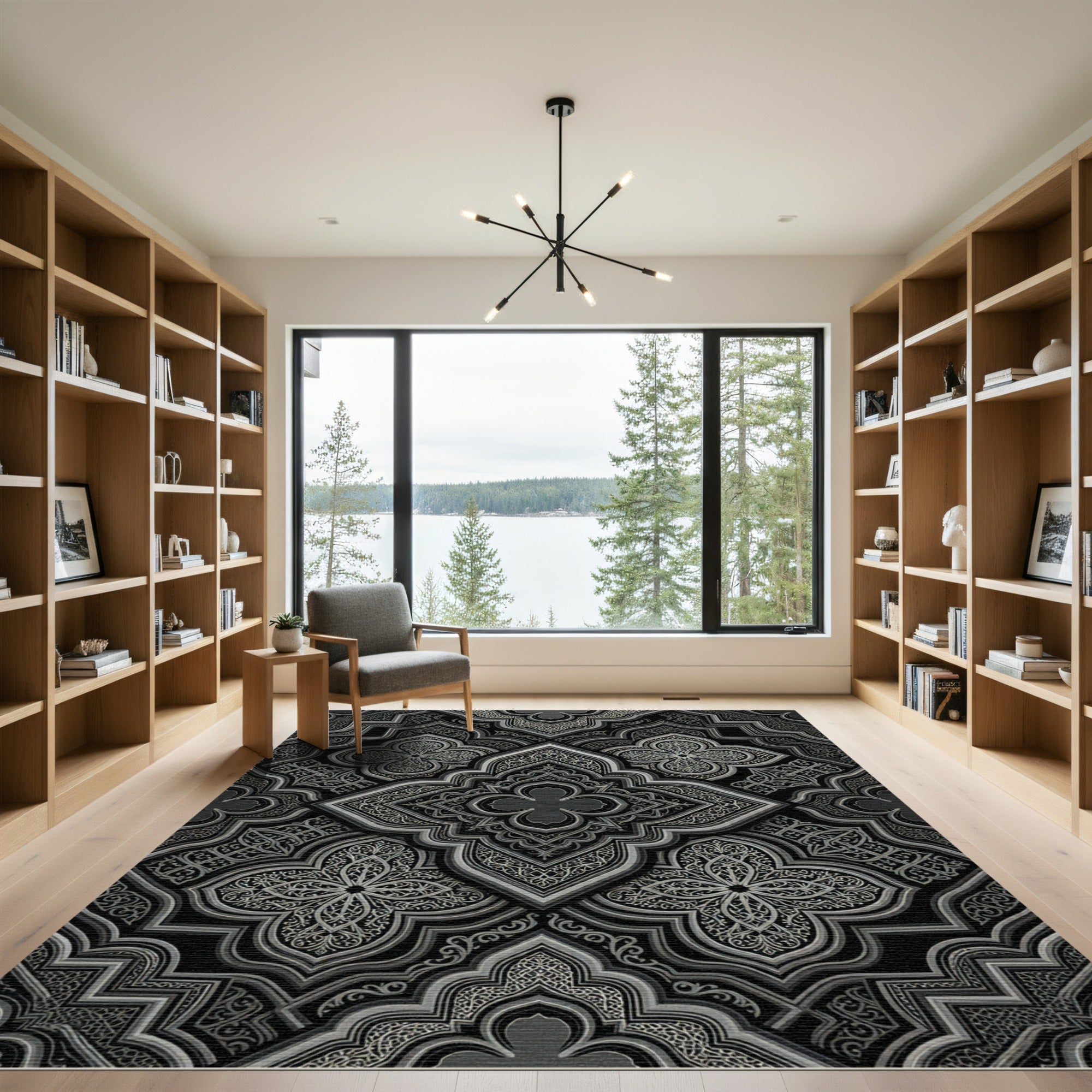 Ornate Black and Silver Geometric Arabesque Rug