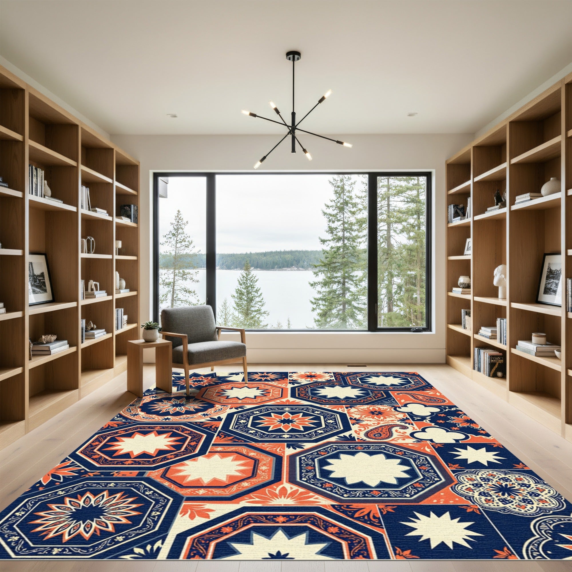 Navy and Tangerine Geometric Octagon Medallion Rug