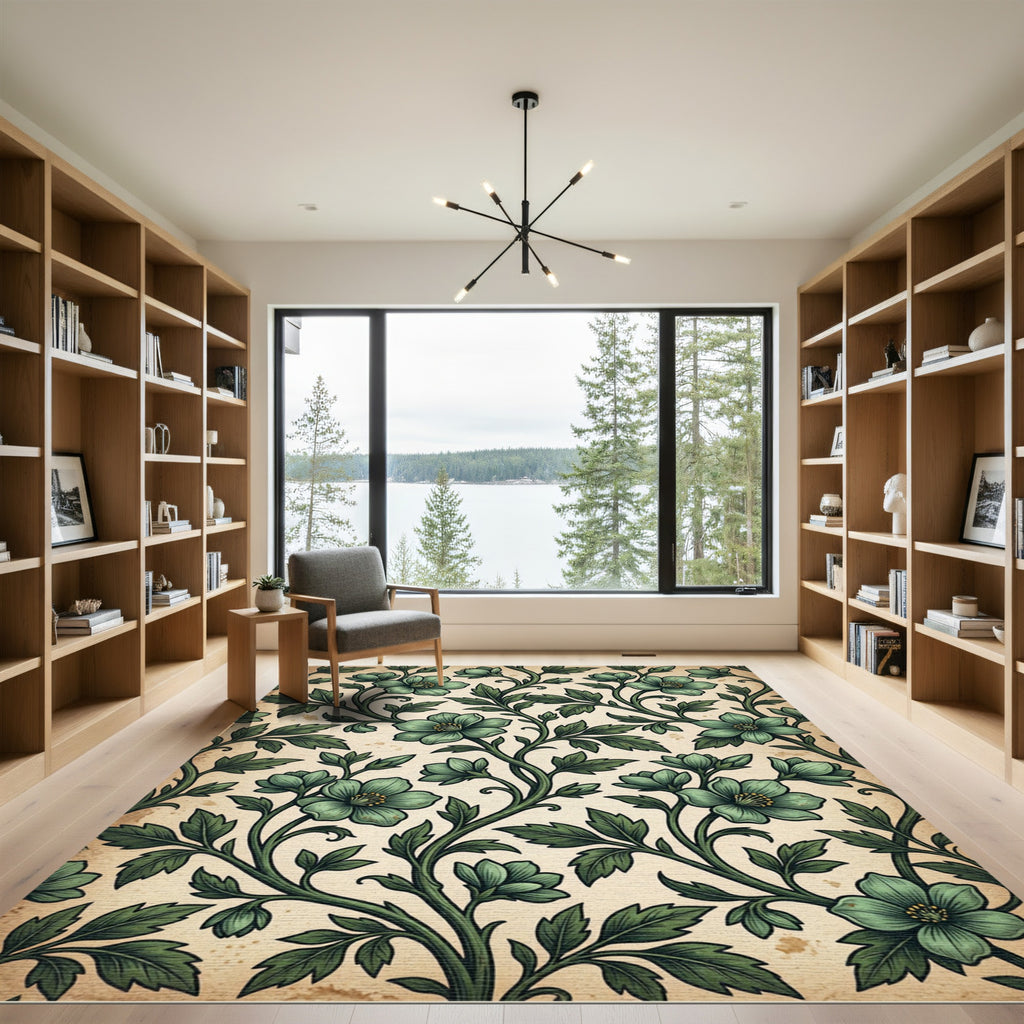 Sage Green Botanical Floral Scroll Runner Rug