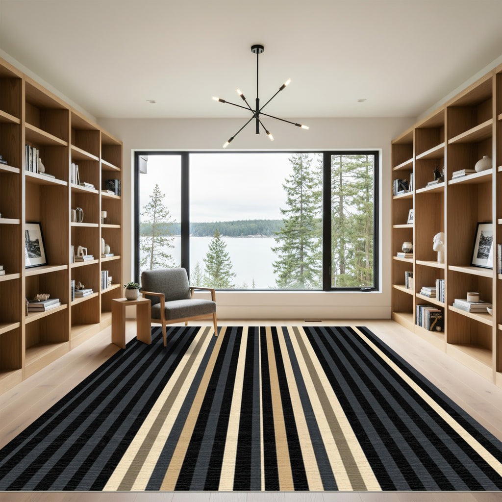 Modern Black Tan Vertical Stripe Rug
