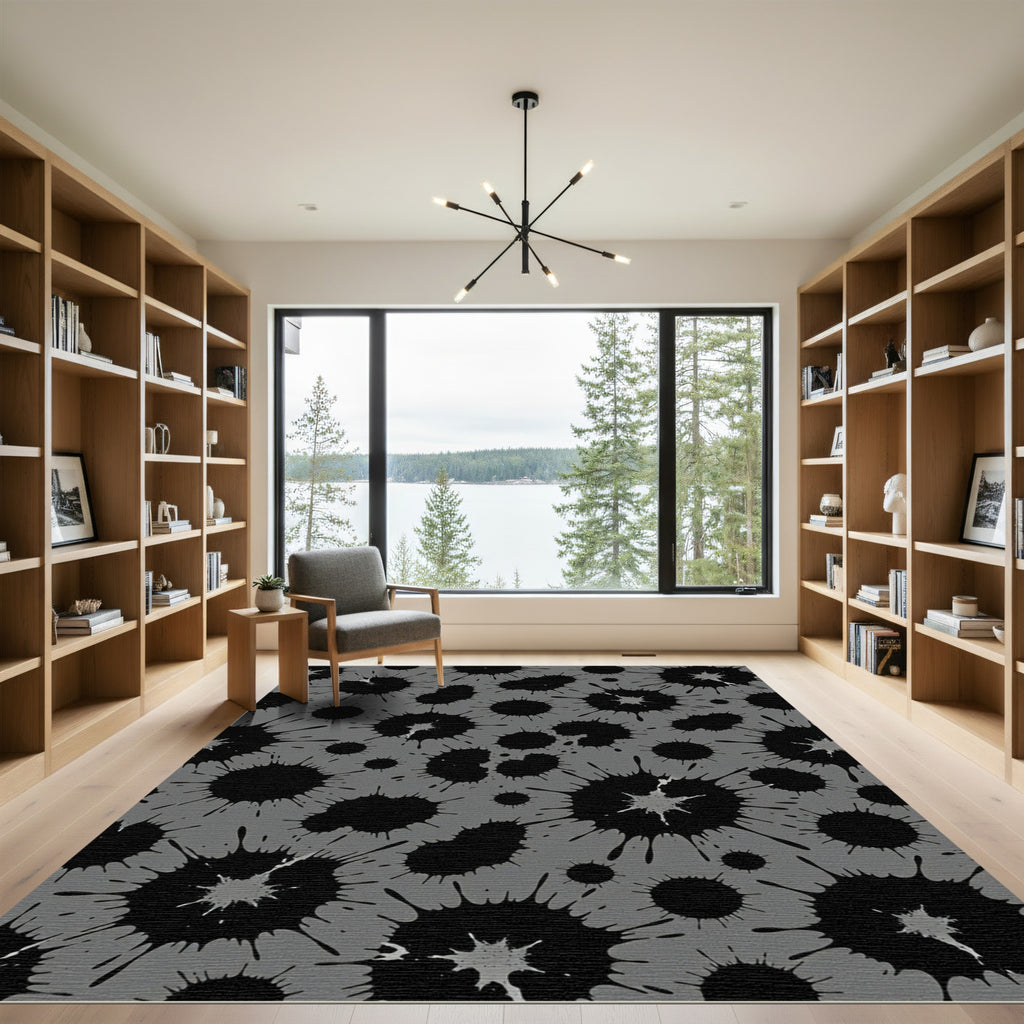 Monochromatic Abstract Charcoal Ink Splatter Rug