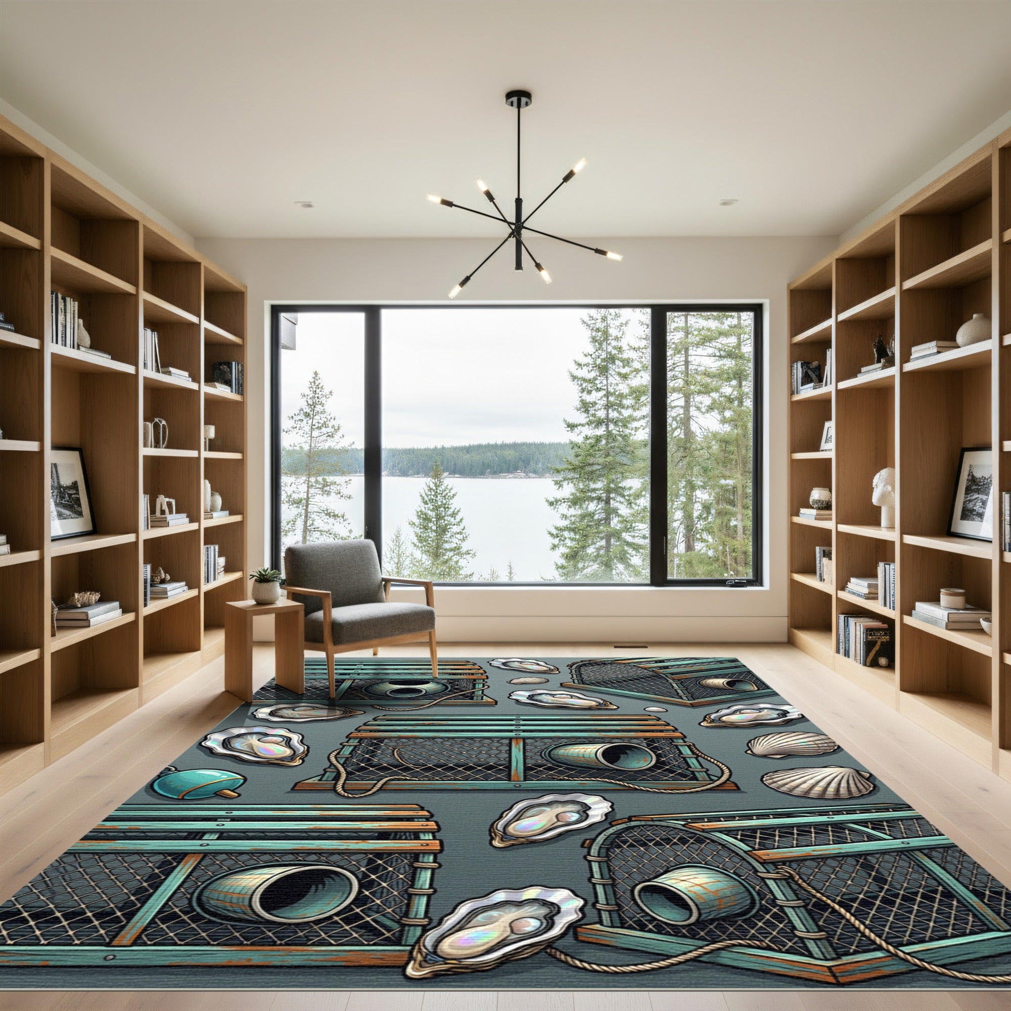 Coastal Teal Lobster Trap Oyster Illustration Rug