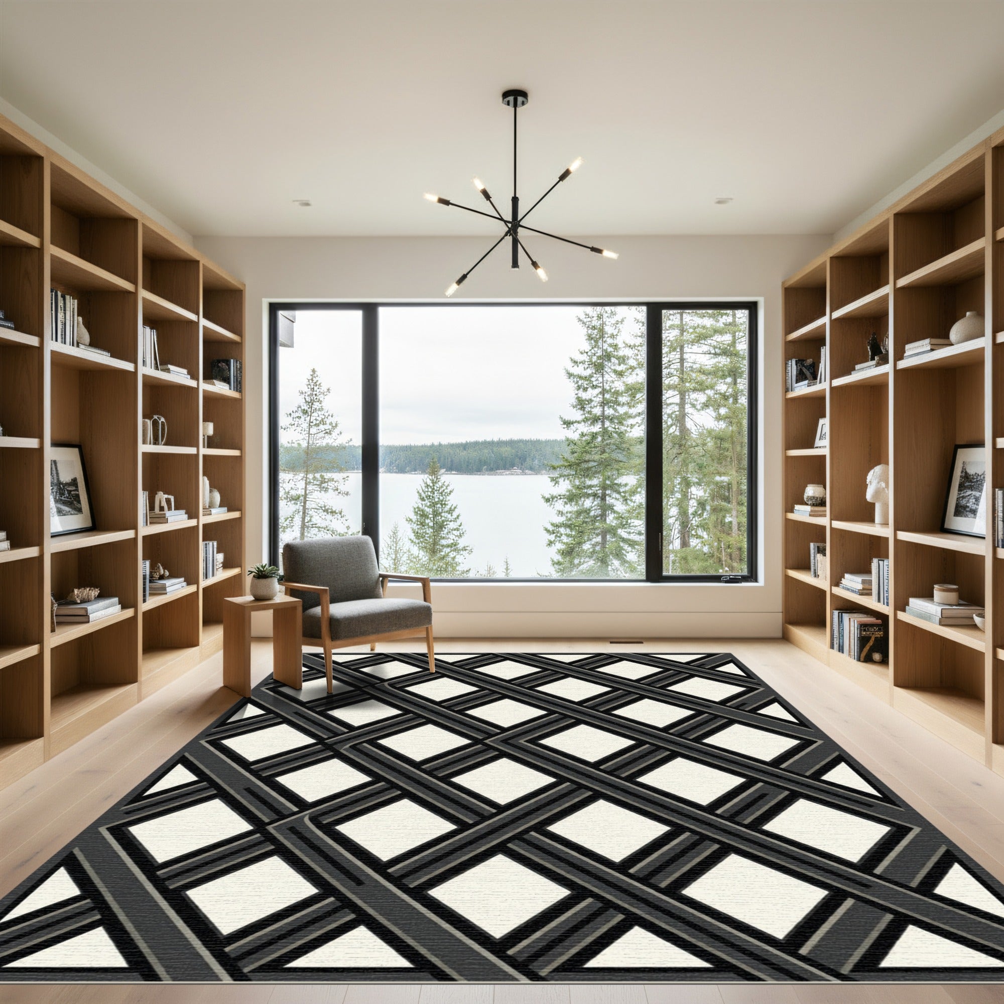 Monochromatic Charcoal Interlocking Diamond Lattice Rug