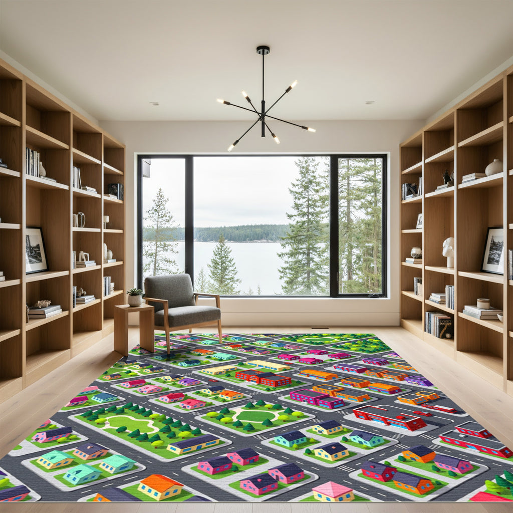 Isometric Colorful Village Street Map Grid Rug