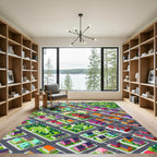 Isometric Colorful Village Street Map Grid Rug