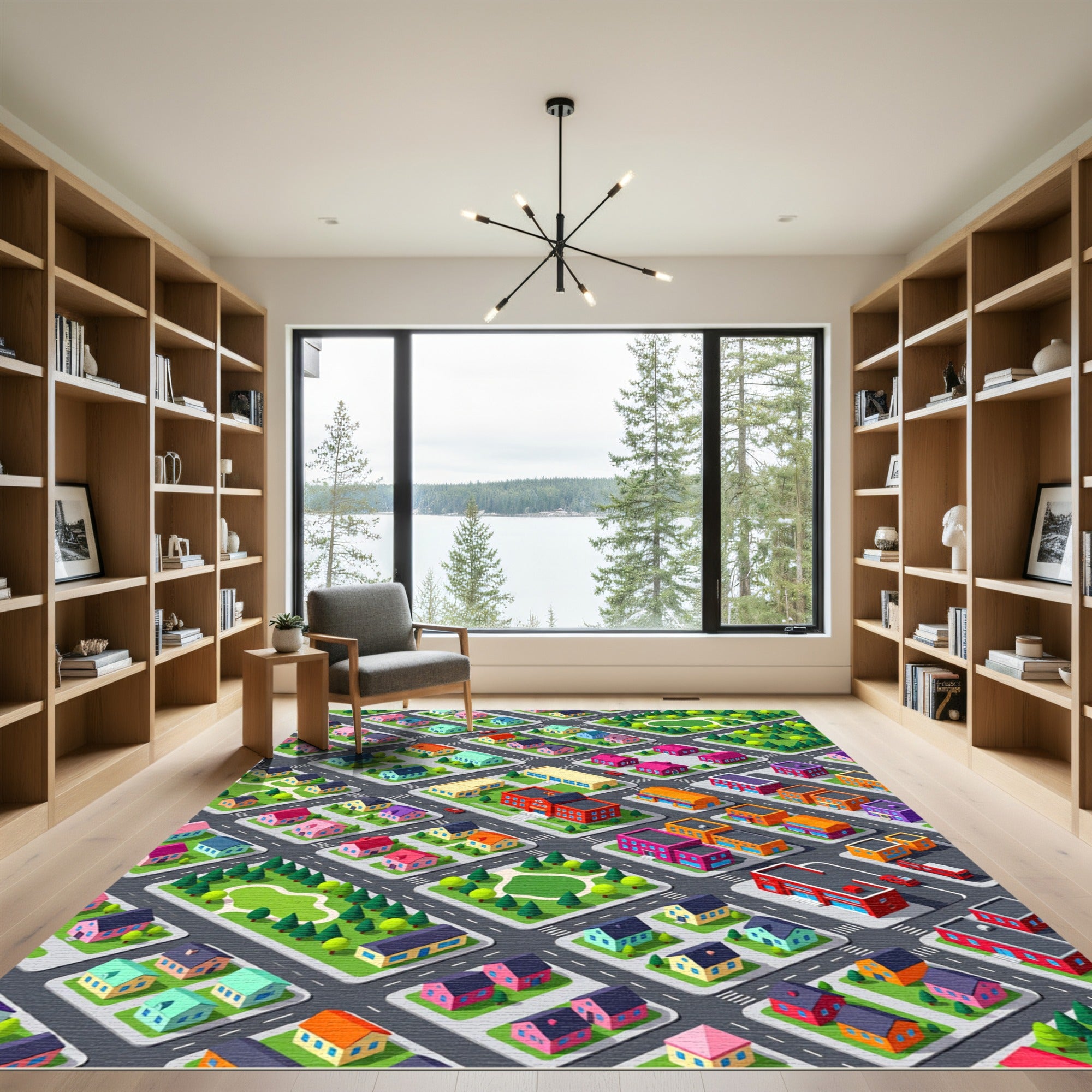 Isometric Colorful Village Street Map Grid Rug