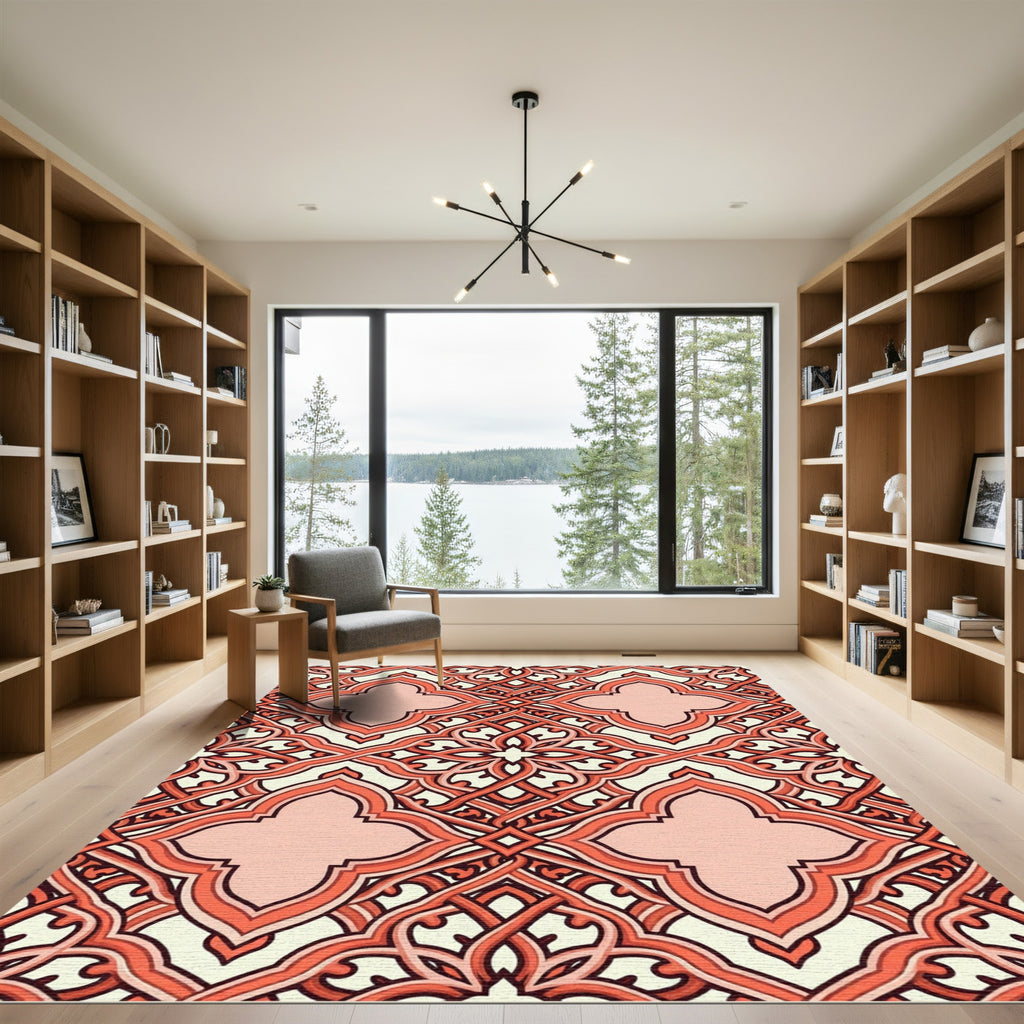 Coral Geometric Entwined Quatrefoil Lattice Rug