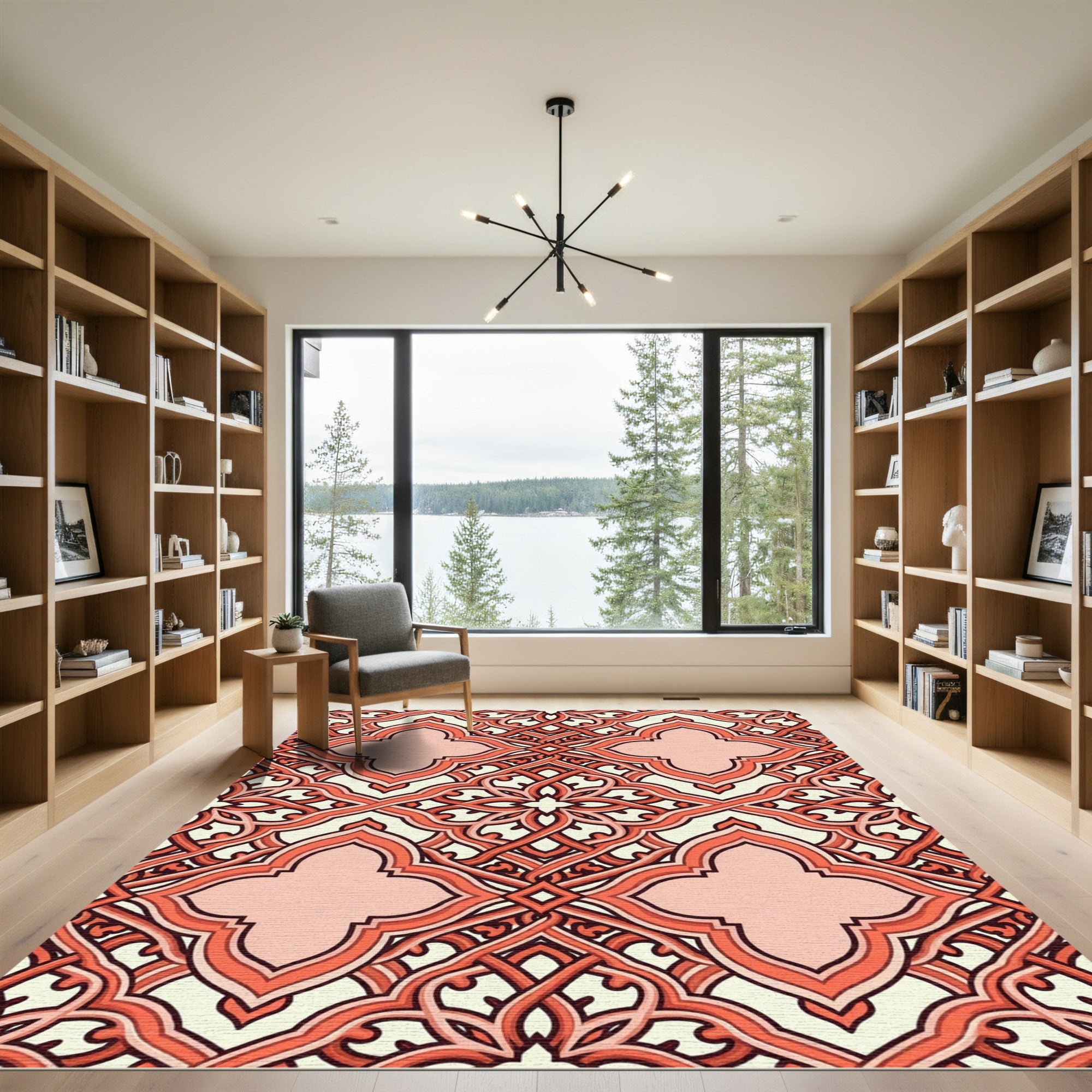 Coral Geometric Entwined Quatrefoil Lattice Rug
