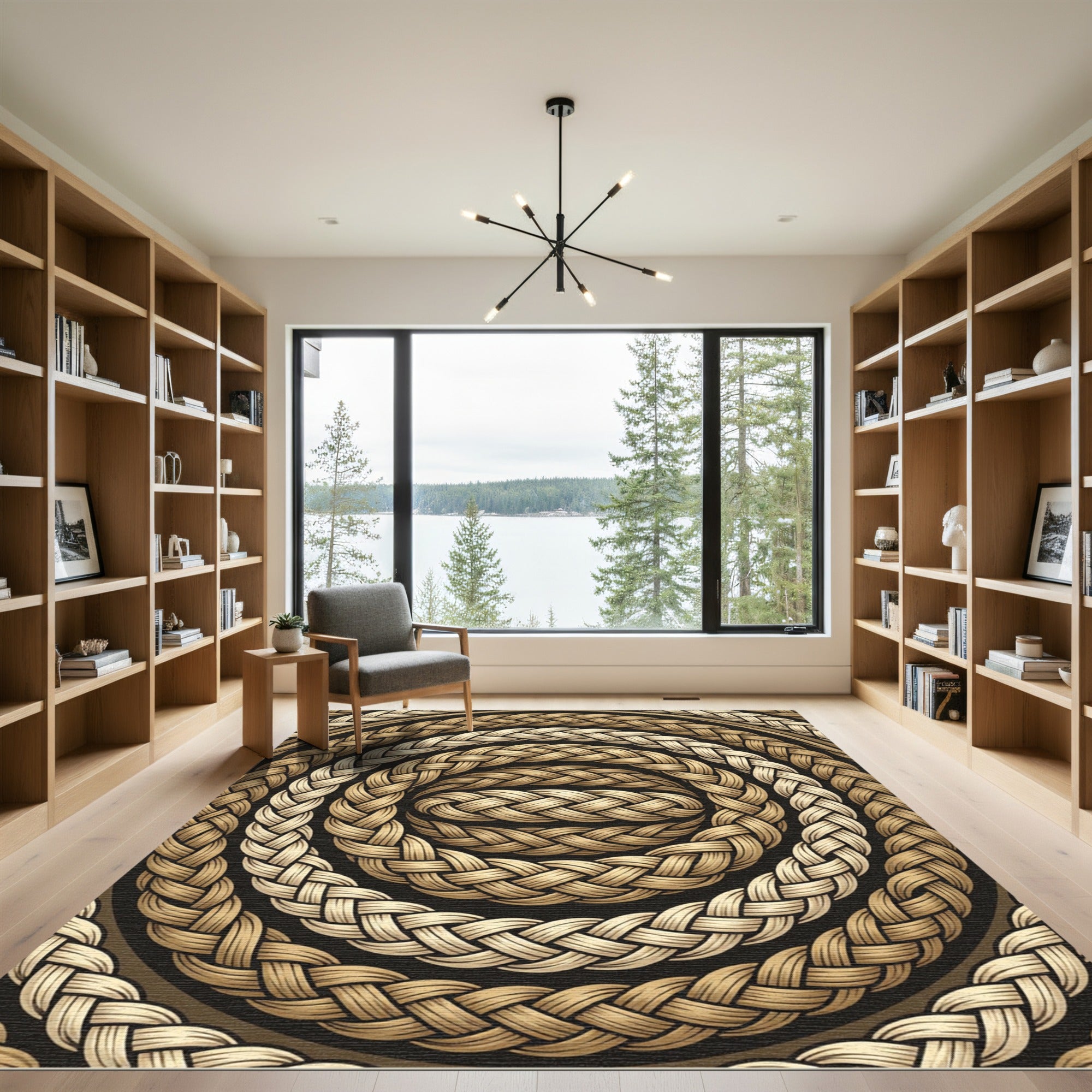 Braided Rope Round Gold Black Rug