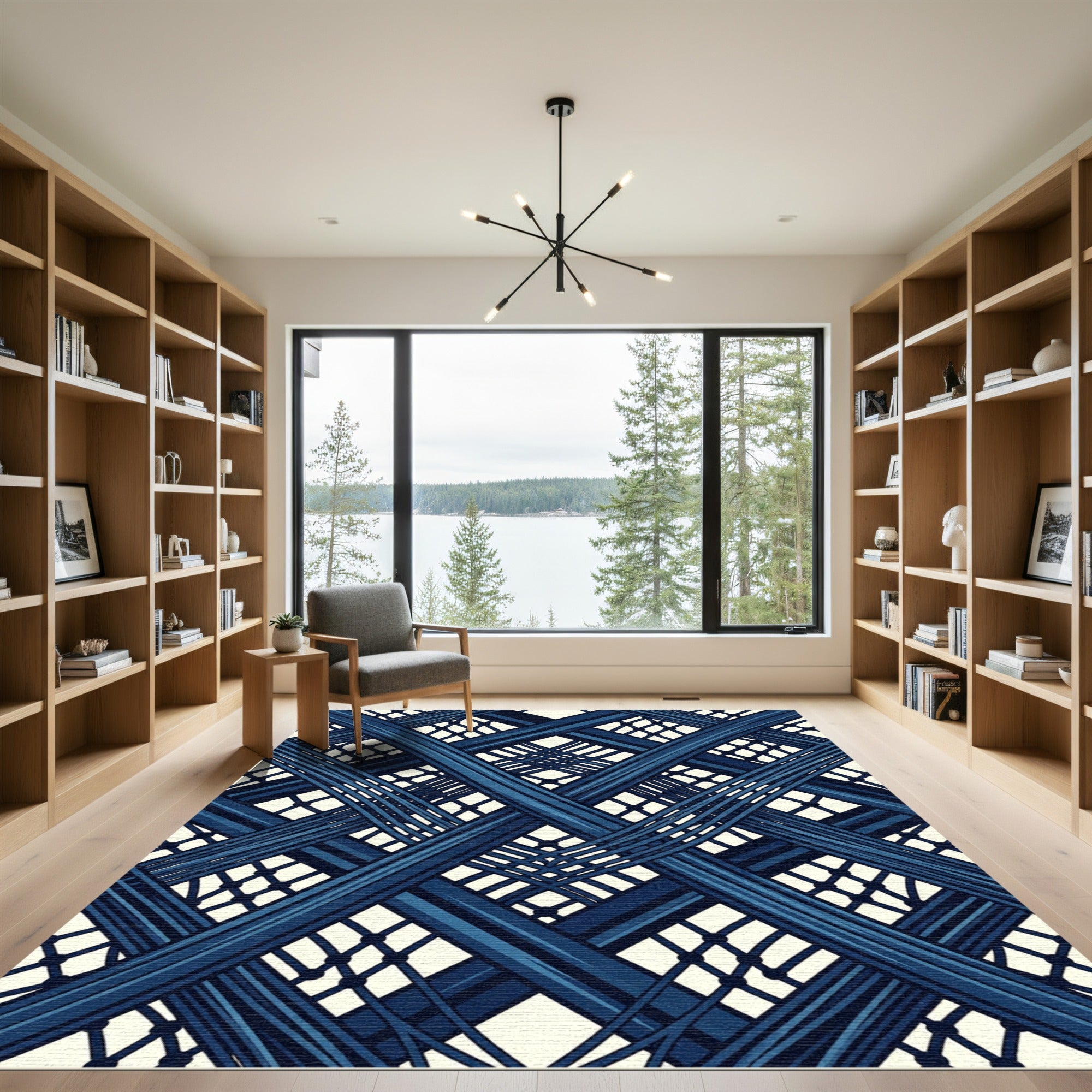 Indigo Blue Geometric Interwoven Lattice Rug