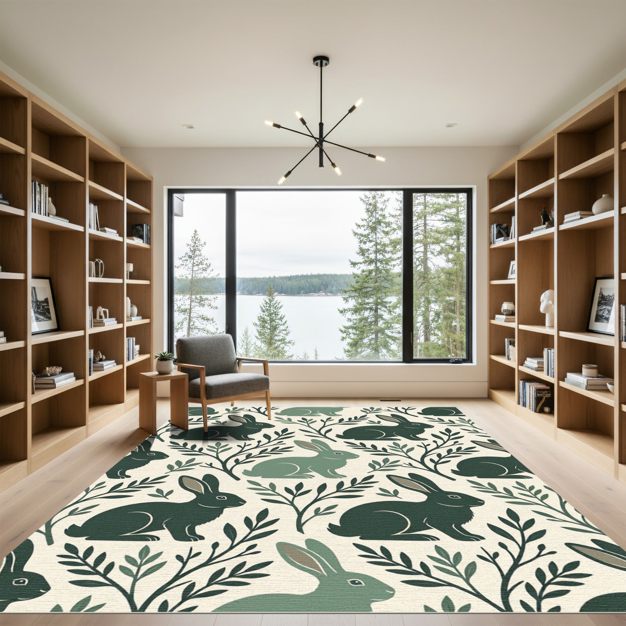 Sage Green Rabbit Woodland Forest Illustration Rug