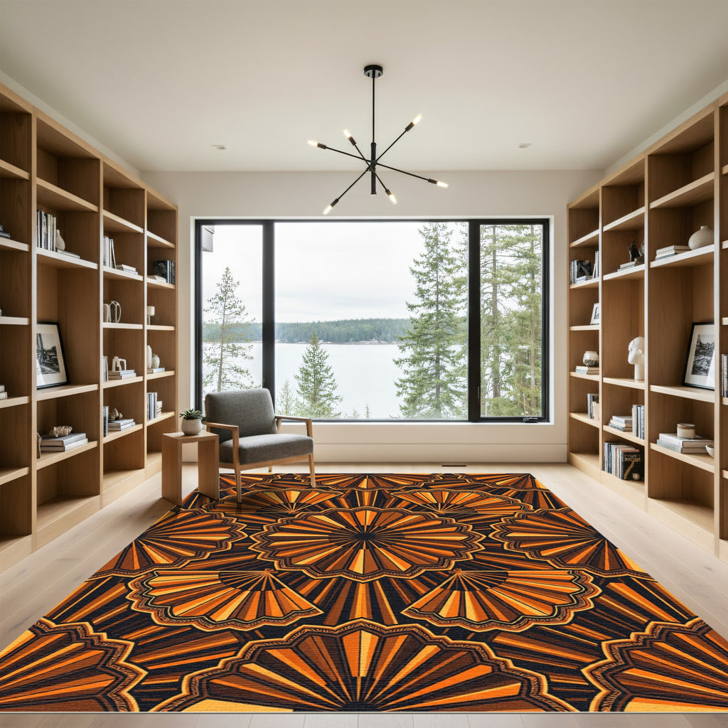 Orange Sunburst Fan Geometric Arrangement Rug