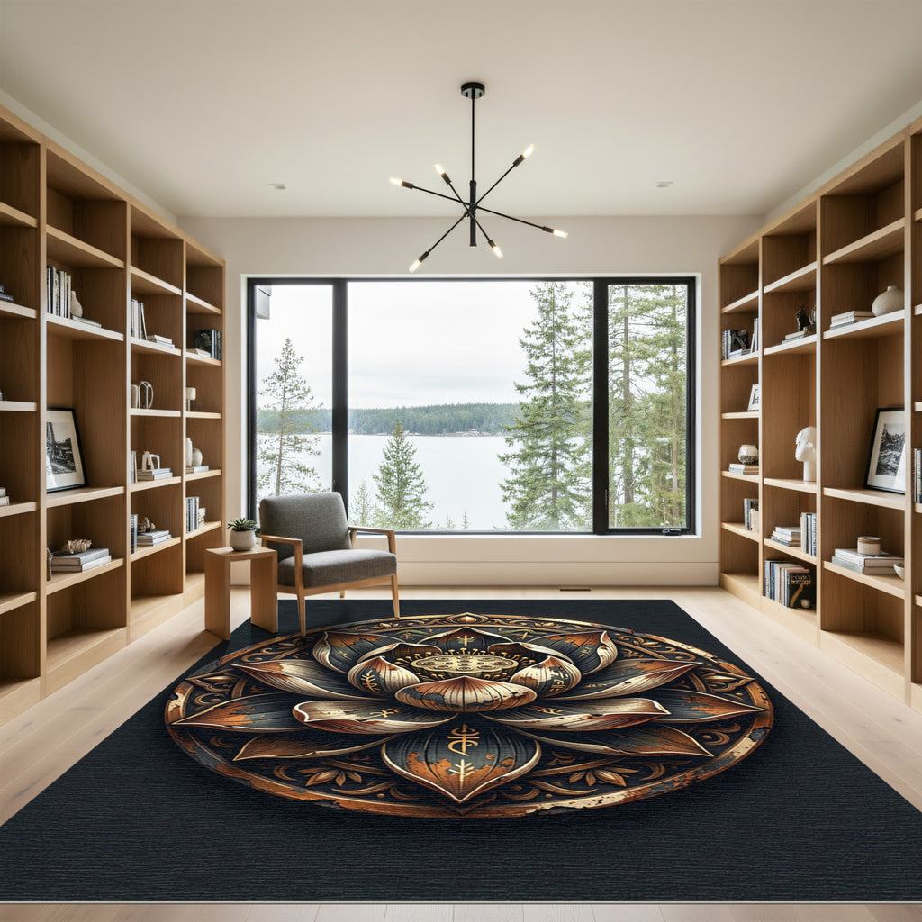 Distressed Black and Gold Lotus Medallion Rug