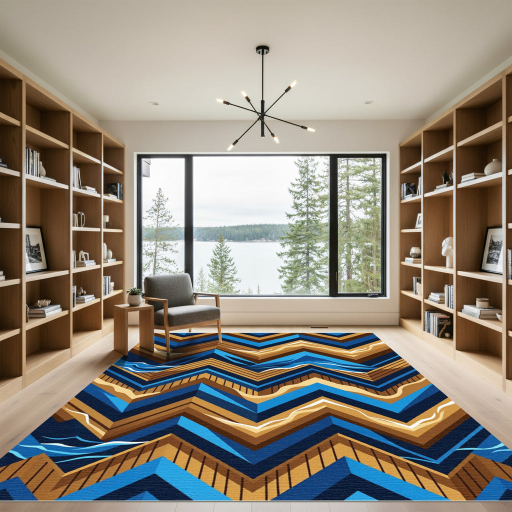 Geometric Blue and Gold Chevron Wave Rug