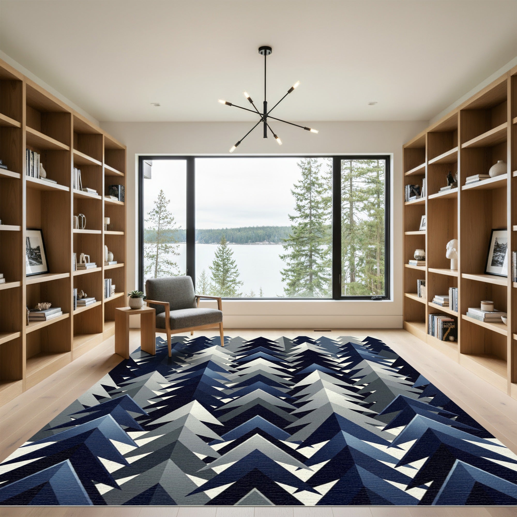 Modern Navy Blue Geometric Forest Rug