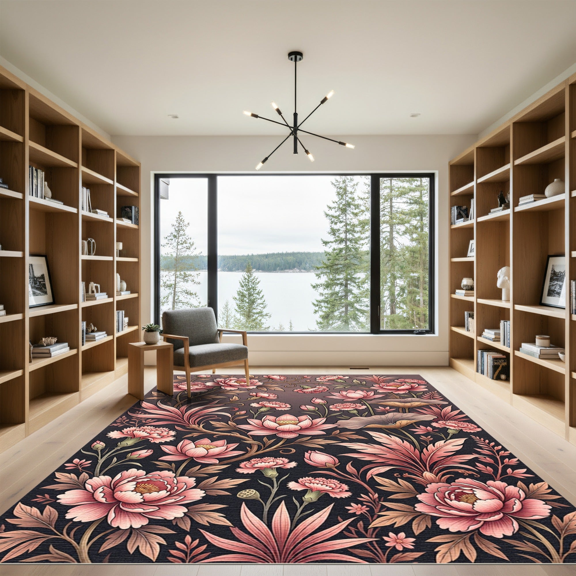Elegant Pink Floral Lotus Garden Rug