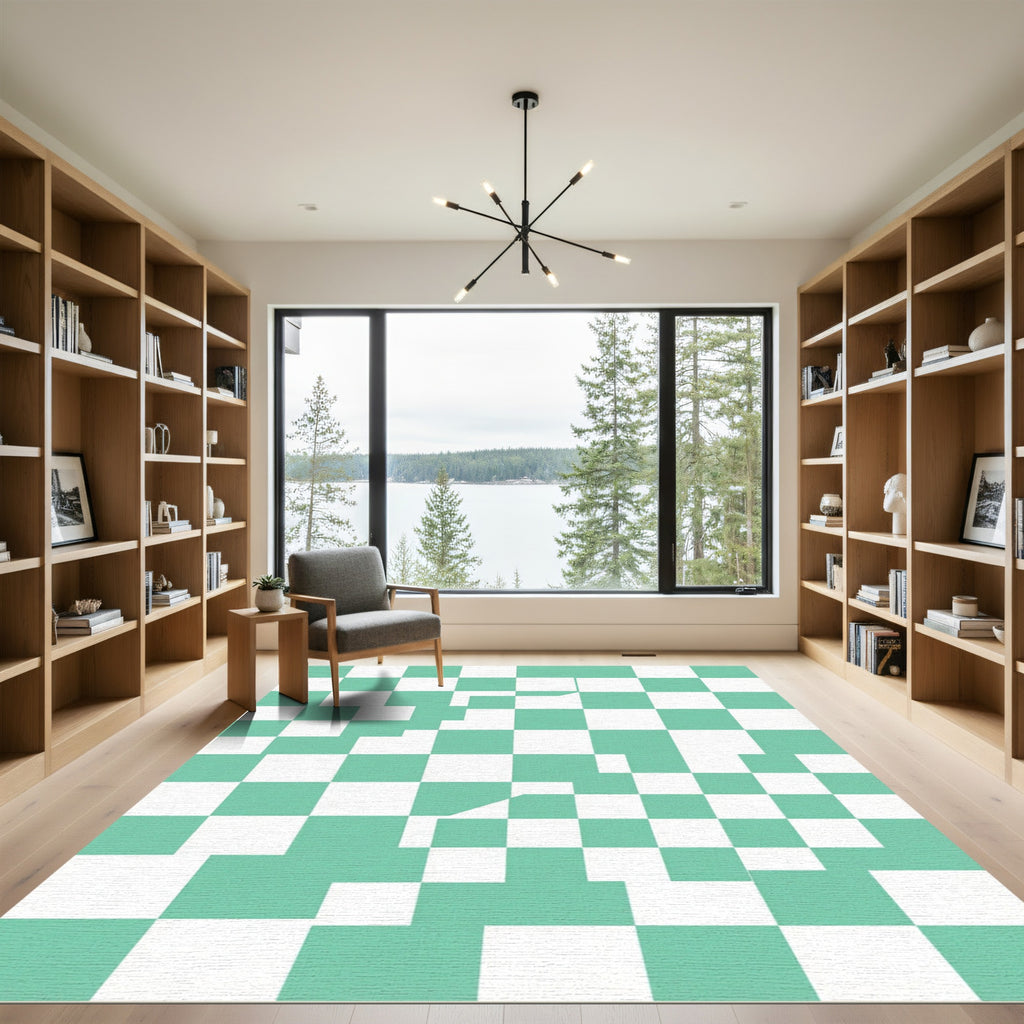 Modern Mint Green Wavy Geometric Checkered Rug