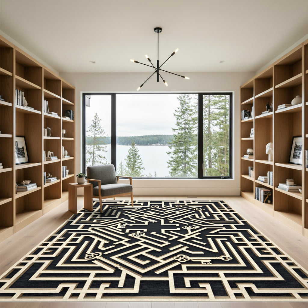 Geometric Gold Key Labyrinth Art Rug