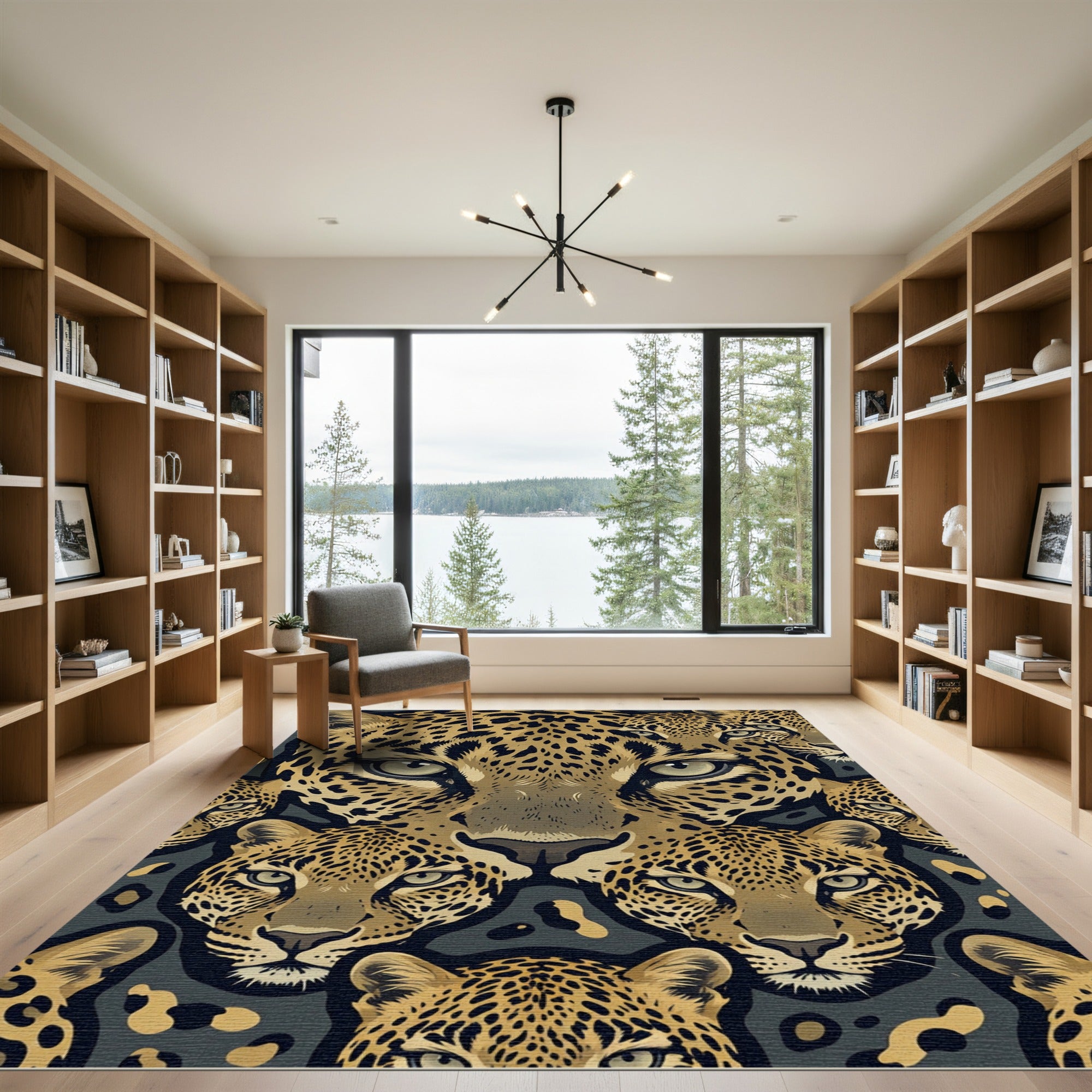 Detailed Golden Leopard Faces Abstract Rug
