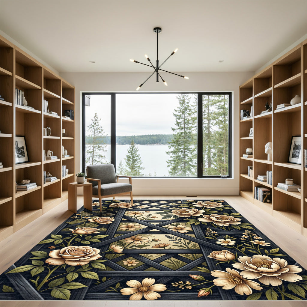 Cream Peony Rose Trellis Lattice Rug