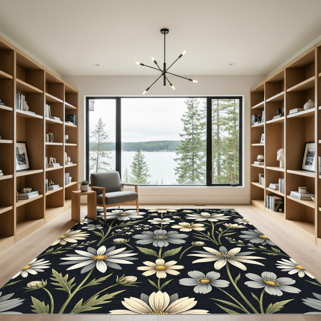 Botanical White Daisy Black Meadow Rug