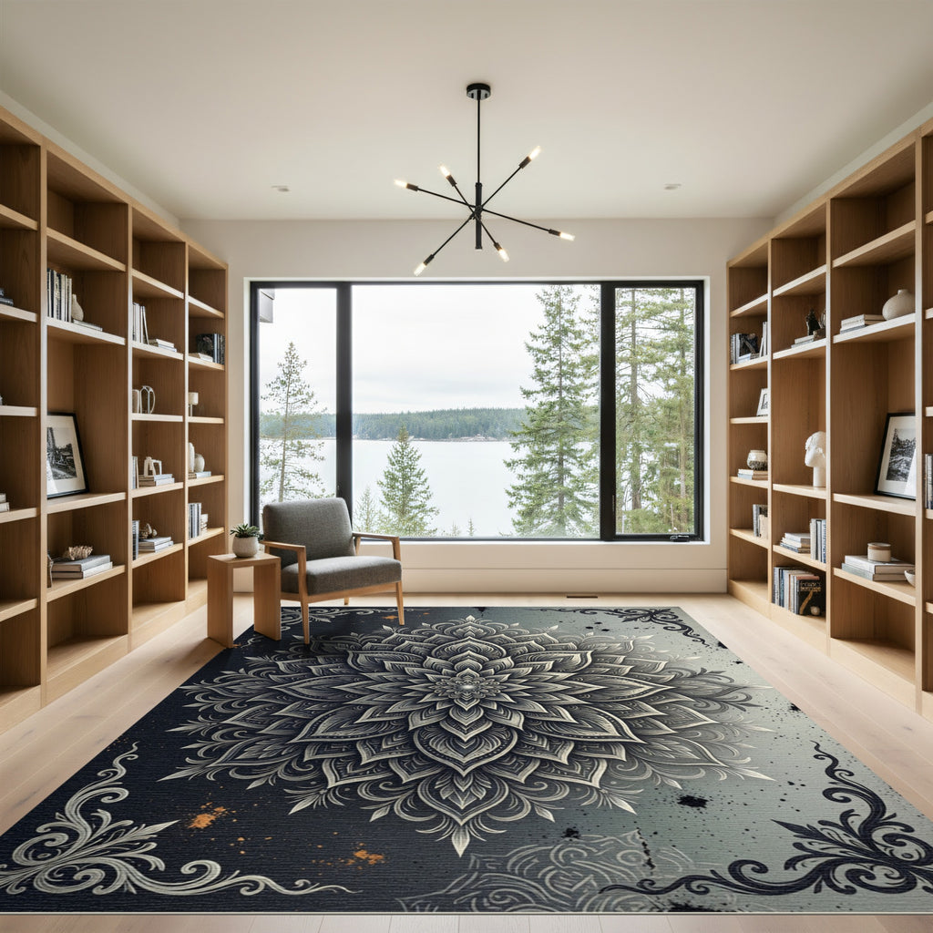 Ethereal Silver Mandala Floral Art Rug