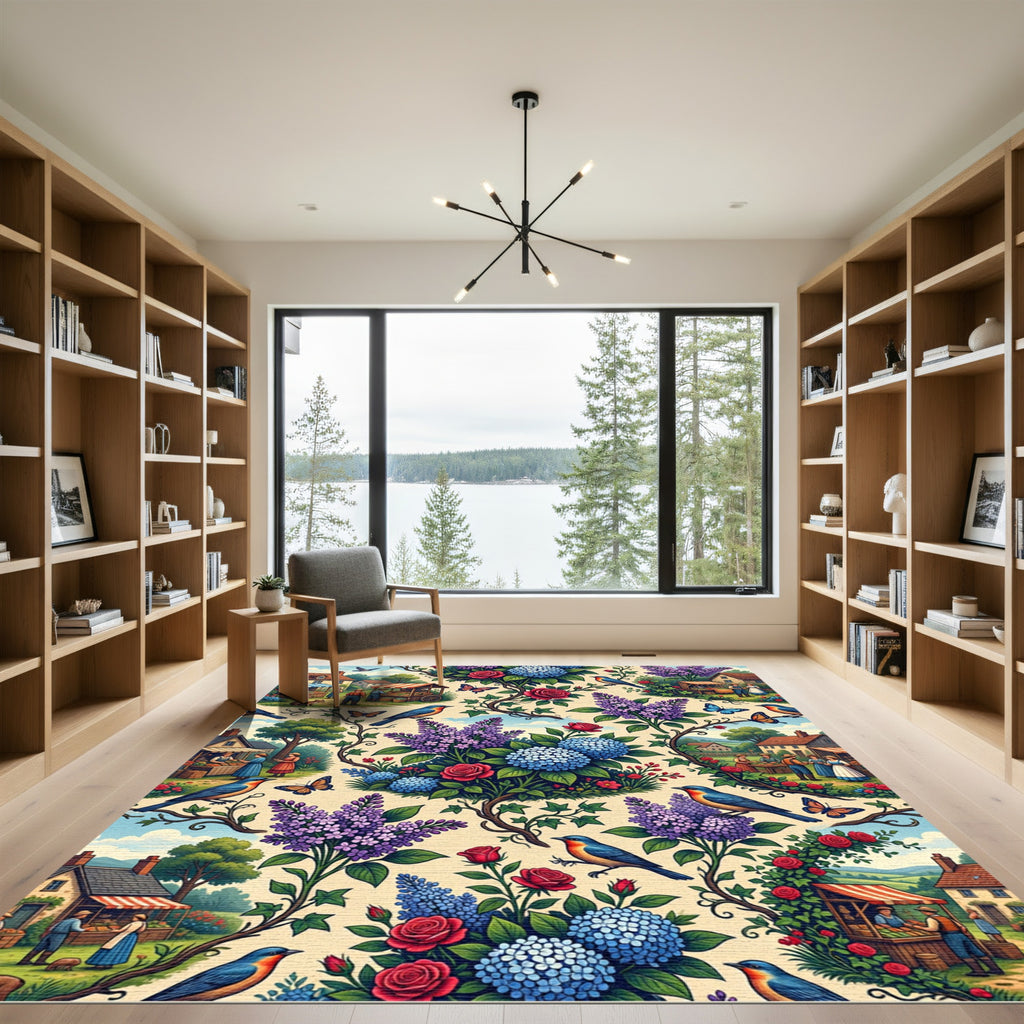 Whimsical Bluebird Village Floral Garden Rug