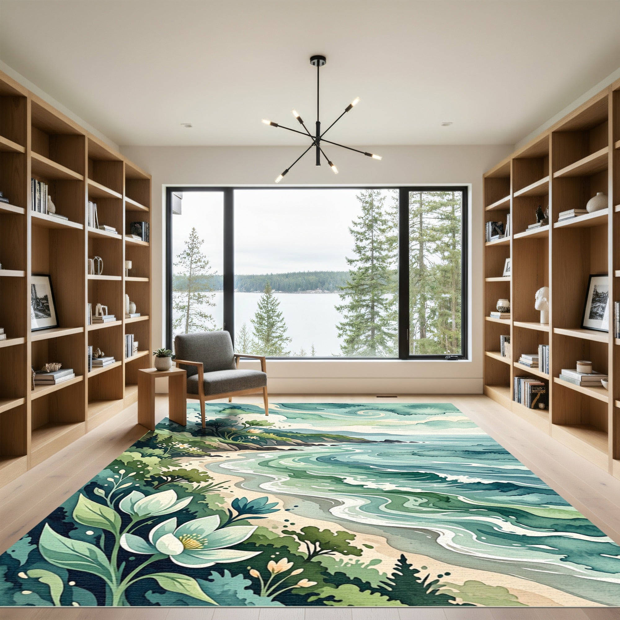 Watercolor Coastal Fern and Flower Landscape Rug