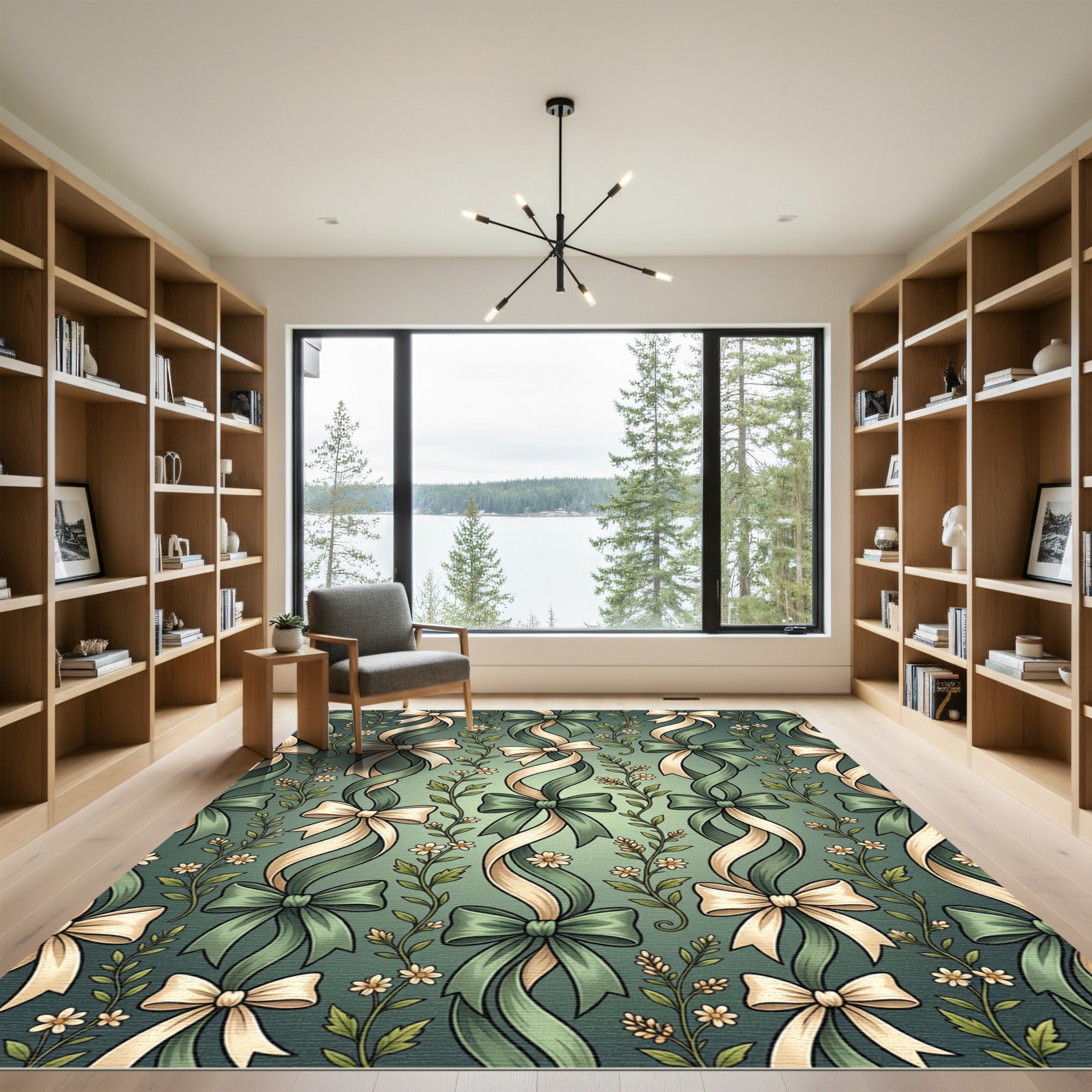 Sage Green Ribbon Floral Botanical Scroll Rug