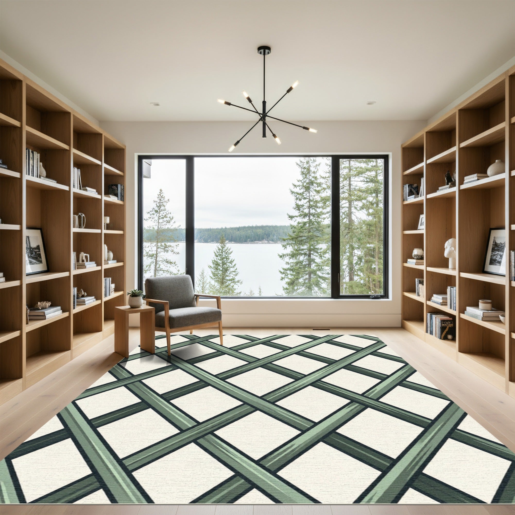 Sophisticated Sage Green Geometric Lattice Rug