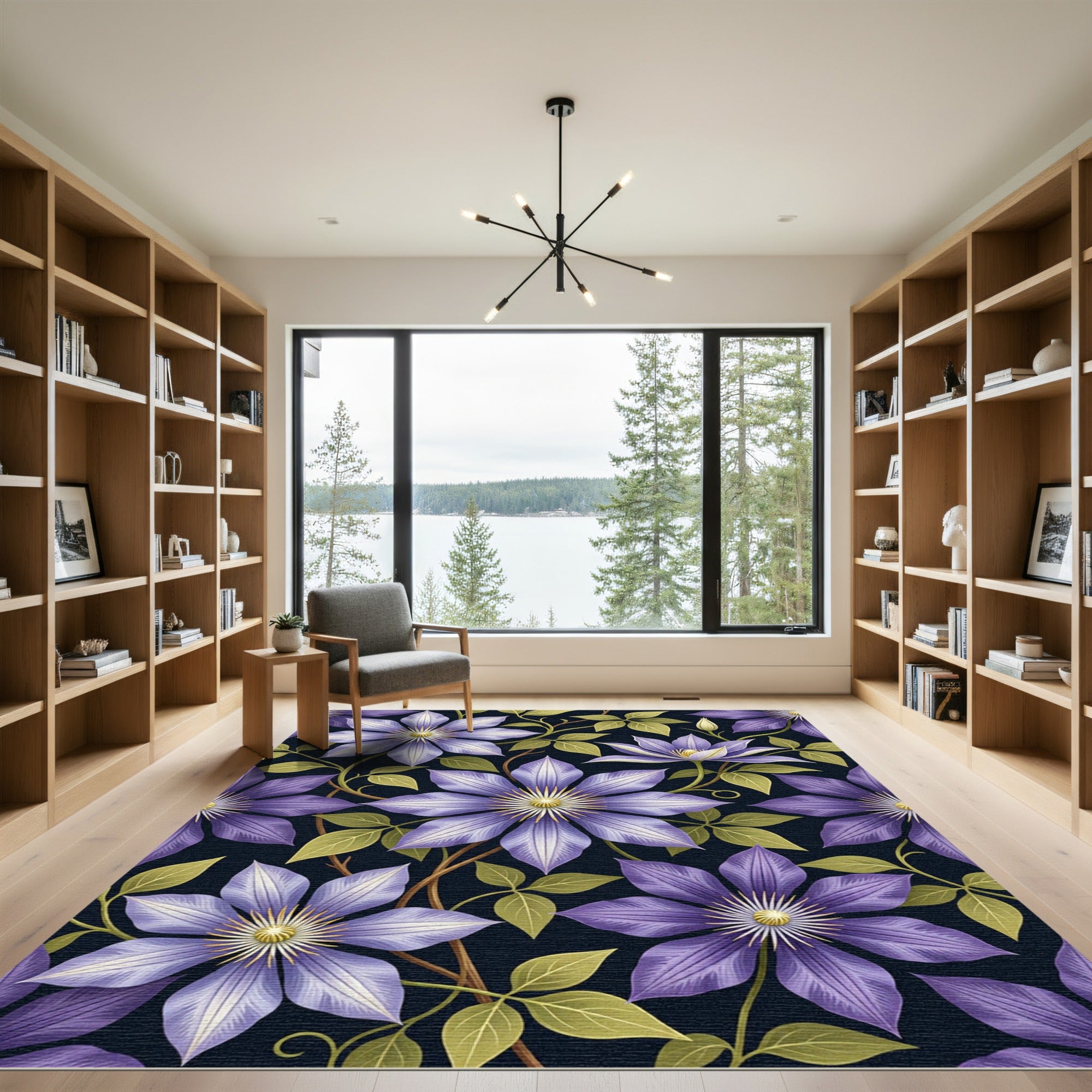 Vibrant Purple Clematis Botanical Floral Rug