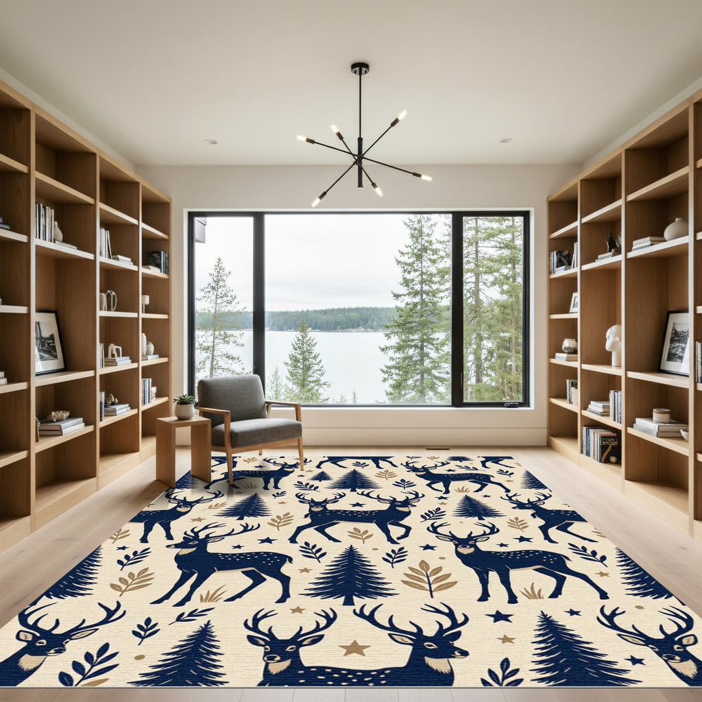 Midnight Navy Forest Deer Woodland Rug