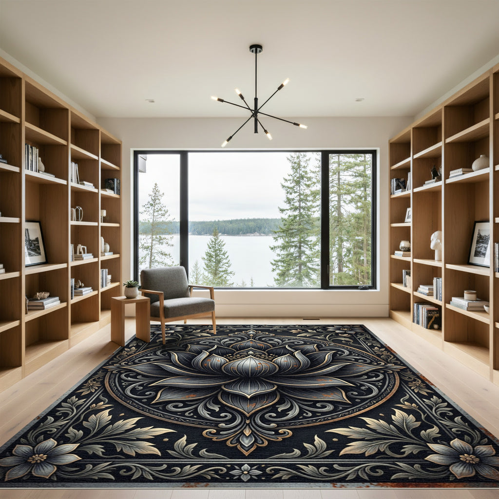 Ornate Metallic Charcoal Lotus Medallion Rug