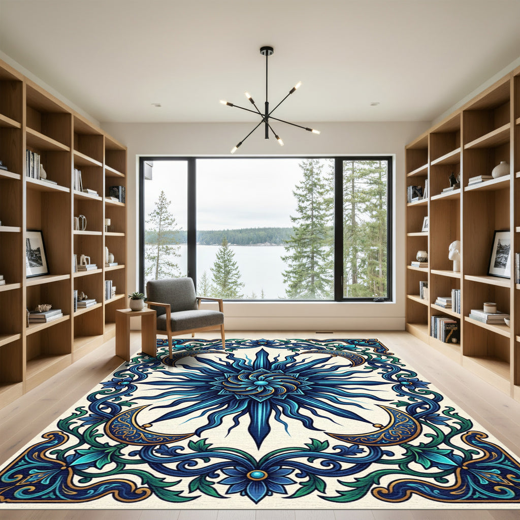 Deep Blue Celestial Sun Moon Rug