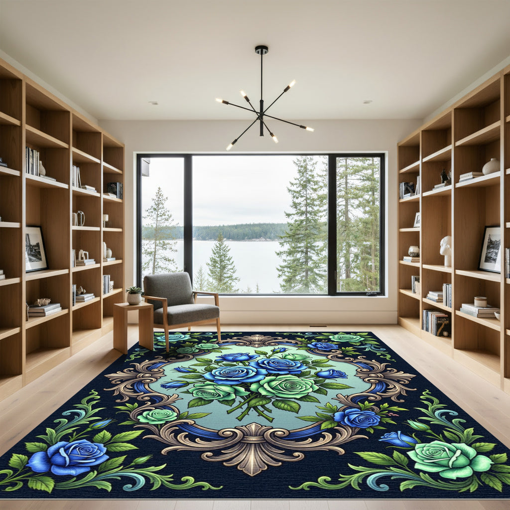 Elegant Blue and Green Rose Filigree Rug