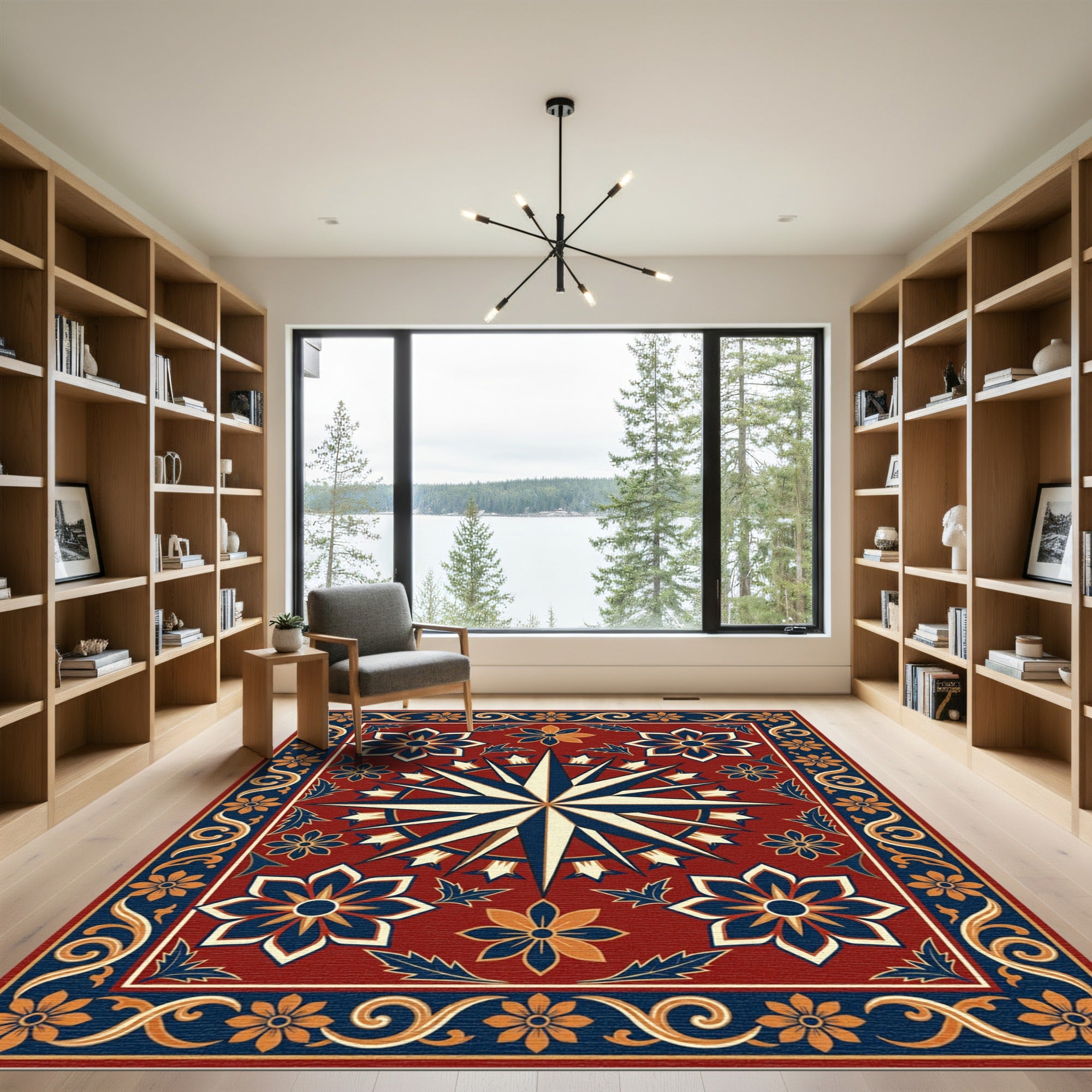 Intricate Crimson Compass Floral Medallion Rug