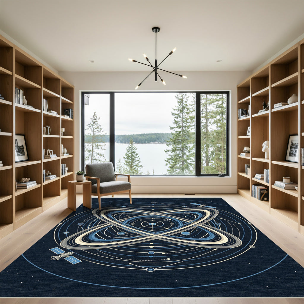 Celestial Orbital Geometry Navy Cream Rug