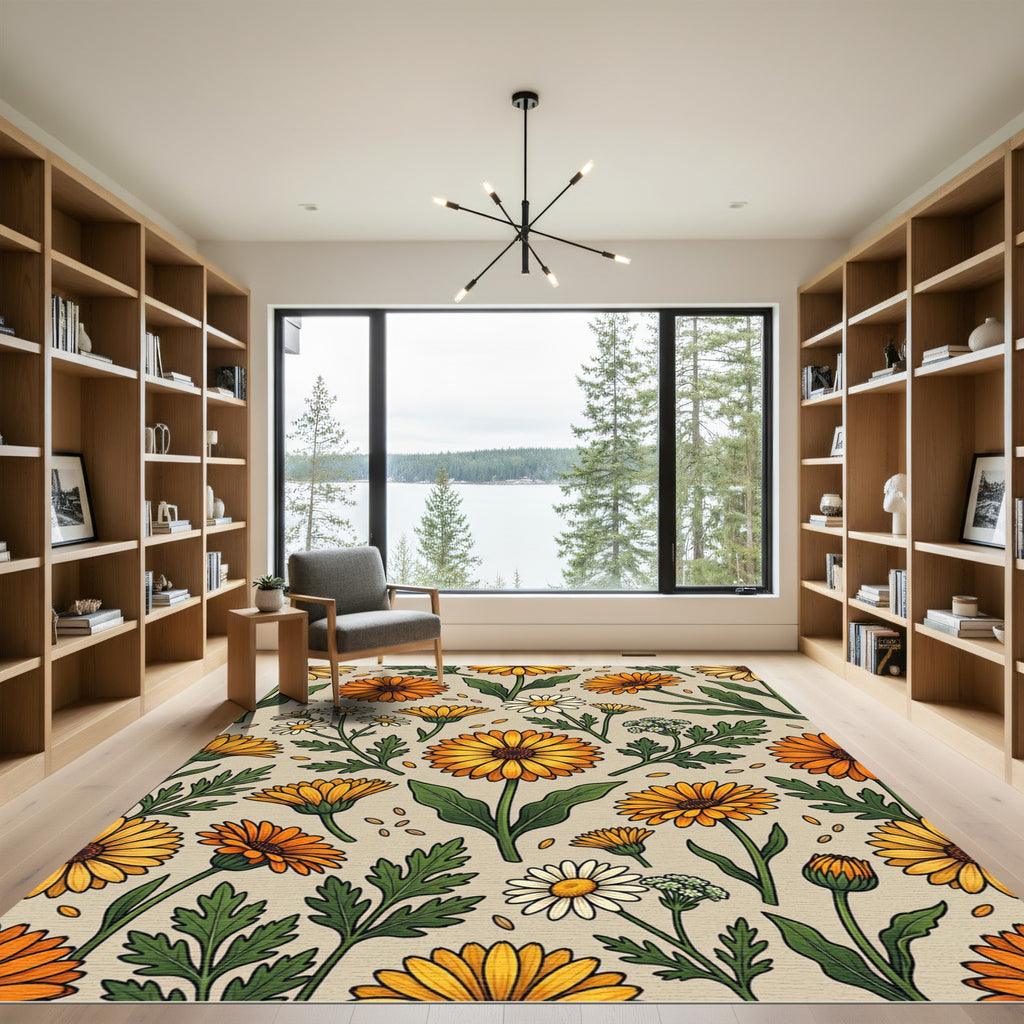 Golden Marigold and Daisy Floral Garden Rug