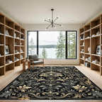 Ornate Gold Leaf Scrollwork Black Rug