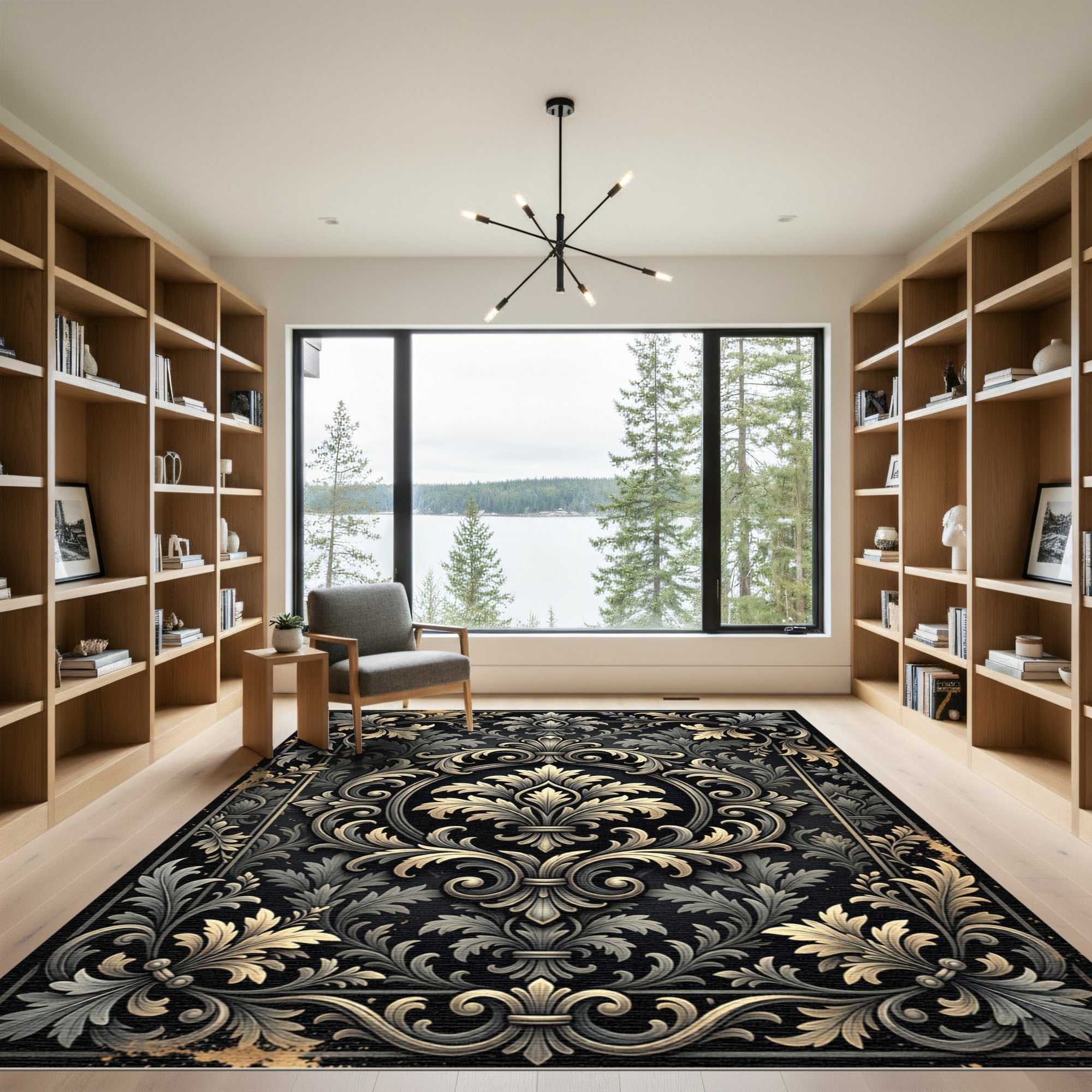 Ornate Gold Leaf Scrollwork Black Rug