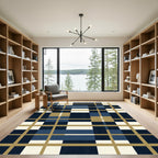 Navy and Gold Modern Plaid Grid Rug