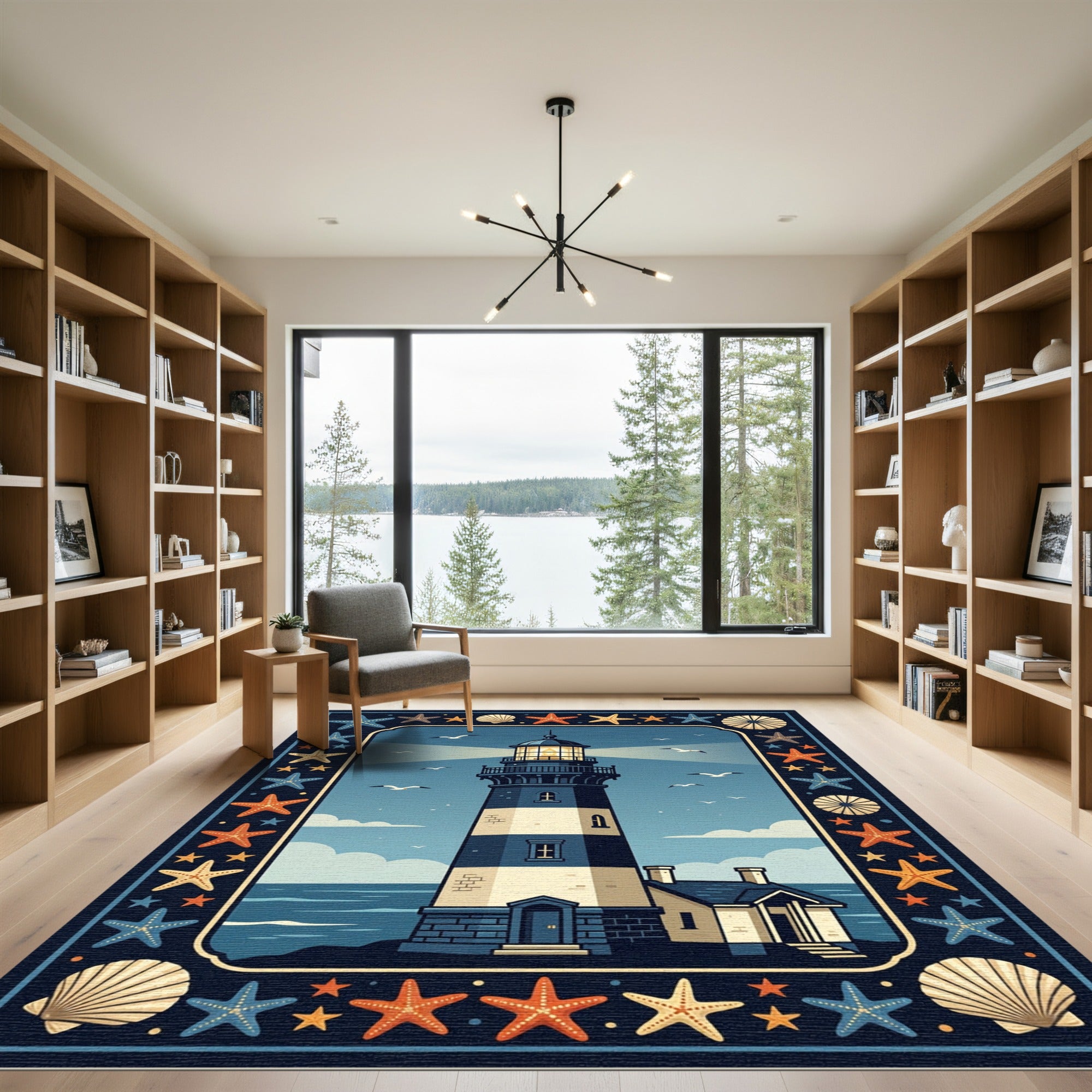 Nautical Lighthouse and Seashell Illustration Rug