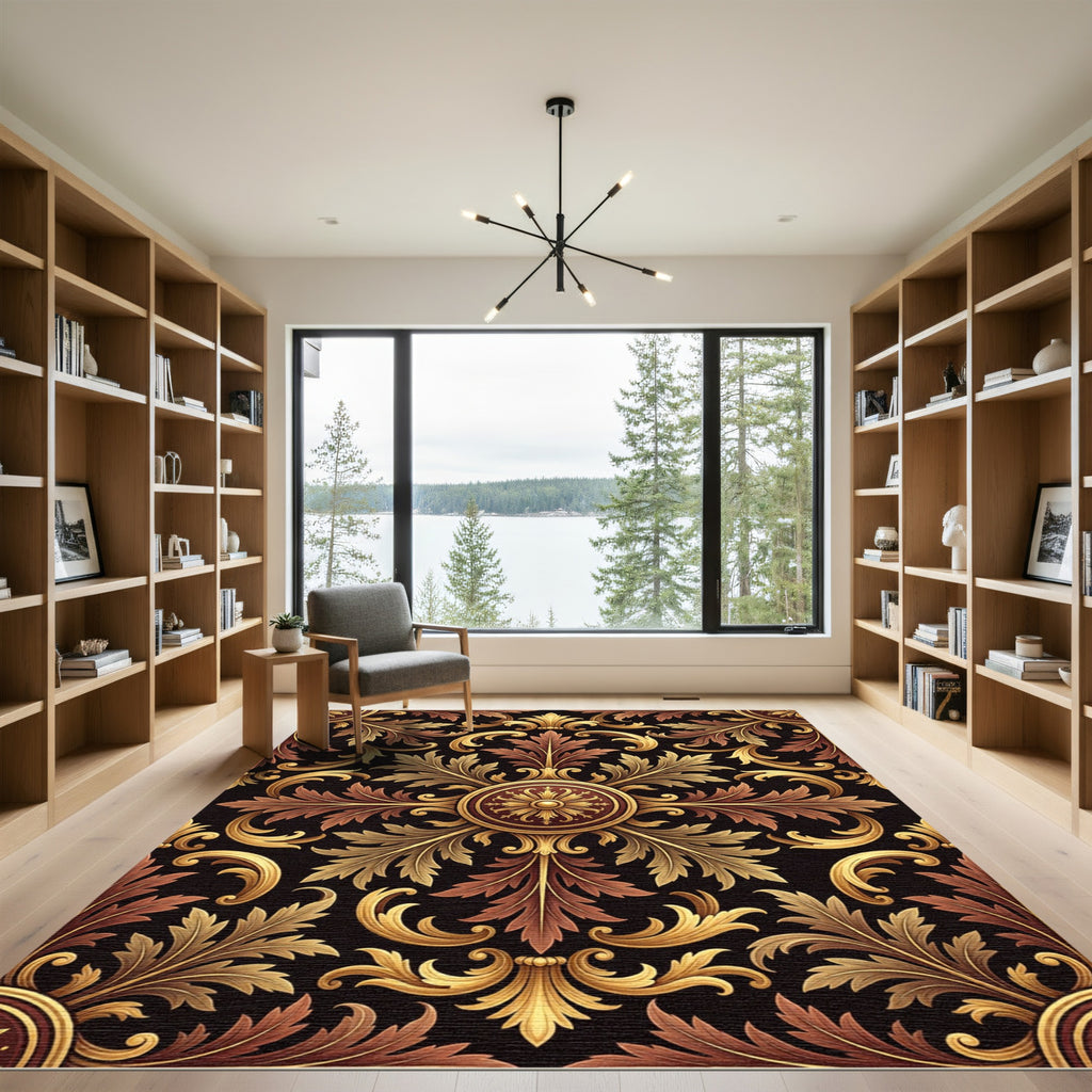 Ornate Gold Crimson Damask Rug