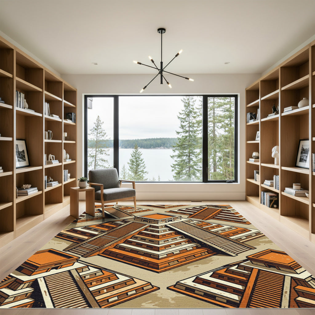 Isometric Terracotta Aztec Step Pyramid Rug