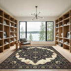 Antique Black Gold Floral Medallion Rug